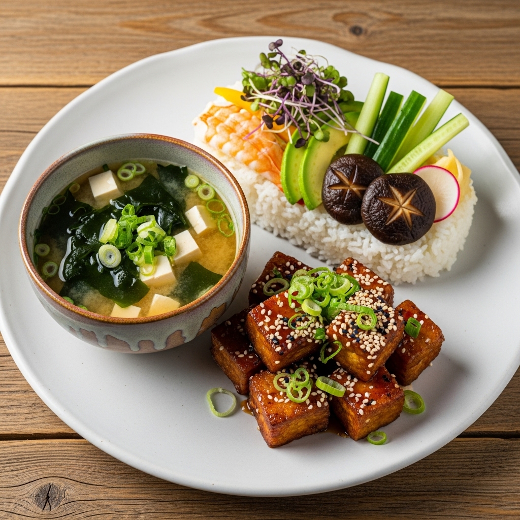 Delightful Vegan Japanese Dinner: Miso Soup & Sushi Bowl