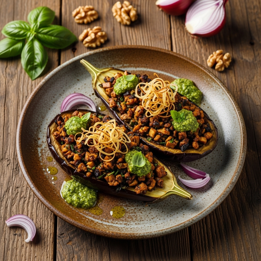 Sumptuous Vegan Mushroom Stuffed Eggplants with Walnut Pesto and Caramelized Onion