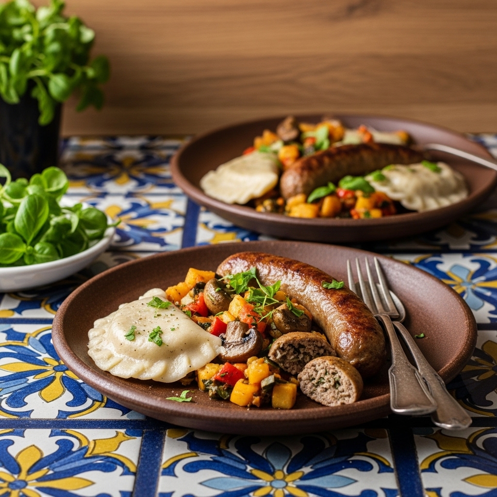 Sumptuous Vegan Polish Breakfast: Mushroom Kielbasa with Whole Grain Pierogi and Herbal Infused Vegetable Medley