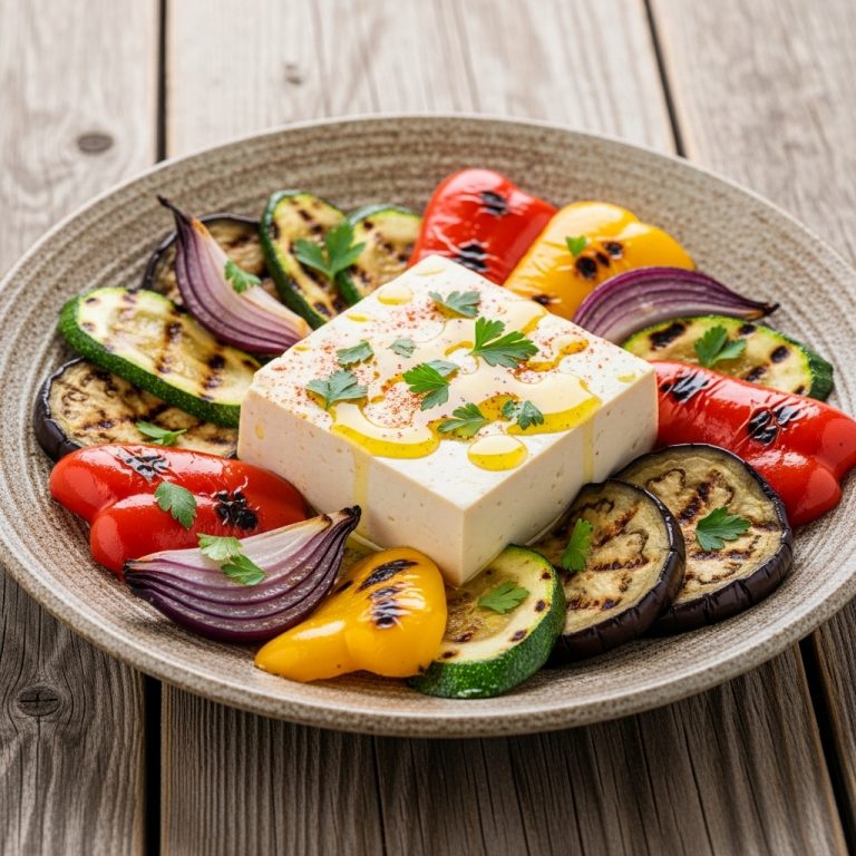Sumptuous Vegan Portuguese Dinner Featuring Creamy Tofu Azeite and Grilled Mediterranean Vegetables