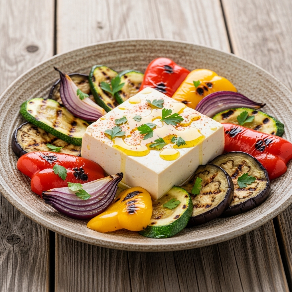 Sumptuous Vegan Portuguese Dinner Featuring Creamy Tofu Azeite and Grilled Mediterranean Vegetables