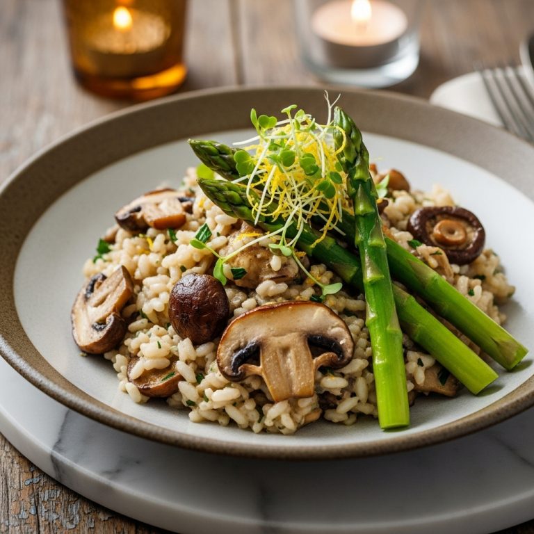 Sumptuous Vegan Truffle Mushroom Risotto with Zesty Lemon Asparagus