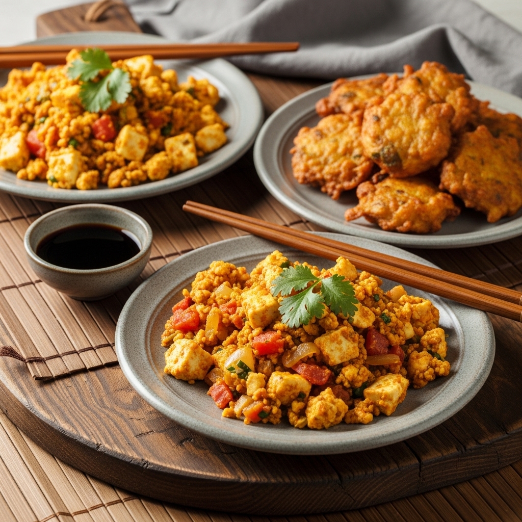 “Sumptuous Vegetarian Indian Brunch Feast: Delectable Paneer Bhurji and Crispy Potato Pakoras”