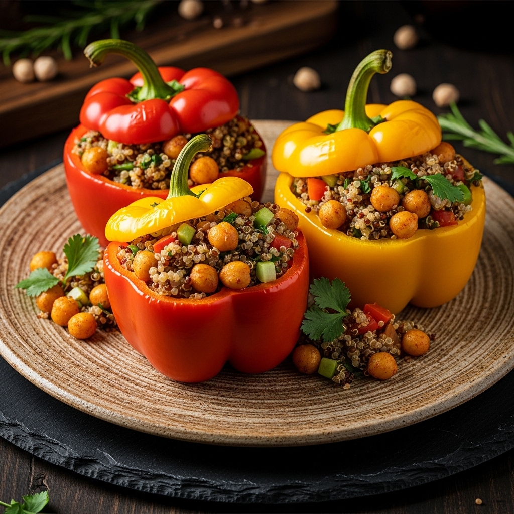 Sumptuous Vegetarian Quinoa-Stuffed Bell Peppers With Spiced Chickpeas
