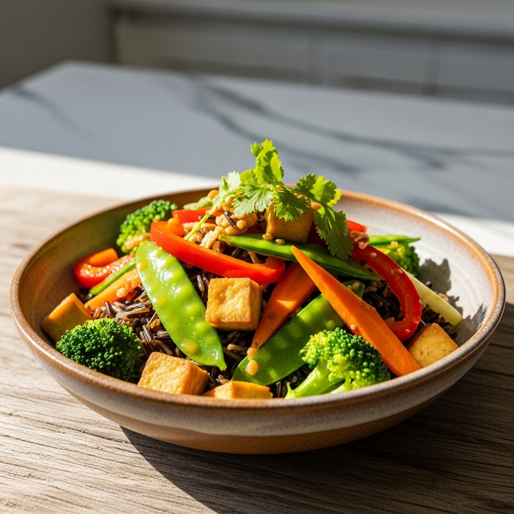 “Sumptuous Vegetarian Vietnamese Dinner – Aromatic Wild Rice Bowl with Stir-Fried Vegetables & Tofu”