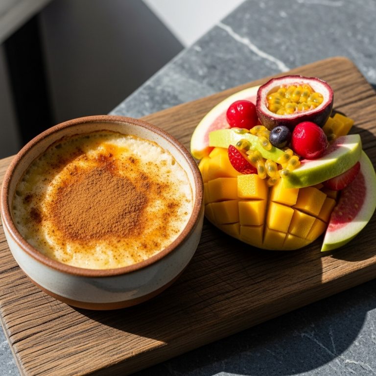 “Sun-Kissed Brazilian Brunch: Gluten-Free Cheesy Tapioca Pudding with Cinnamon Fruit Salad”