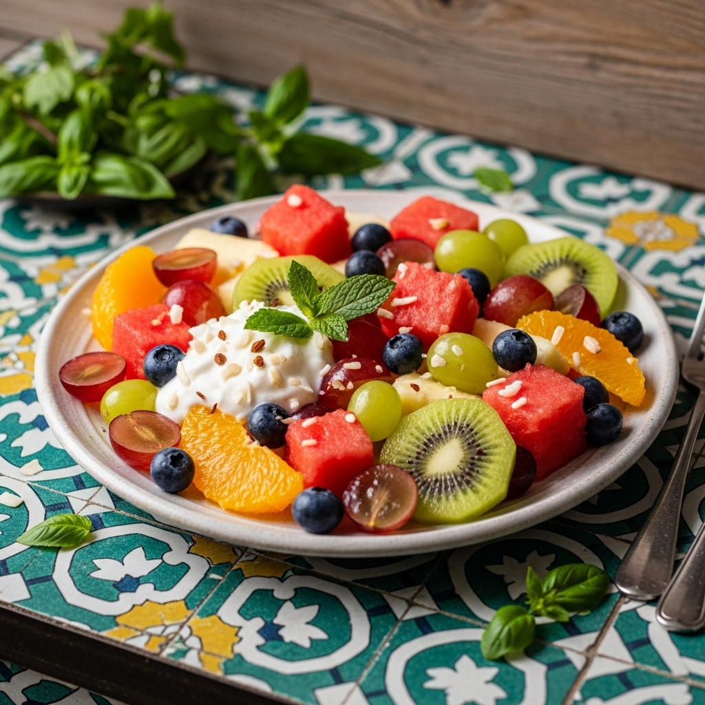 Sun-Kissed Greek Fruit Salad with Coconut-Almond Yogurt