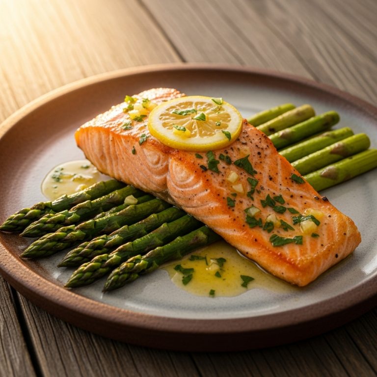Sunlit Mediterranean Salmon with Asparagus and Lemon-Herb Sauce
