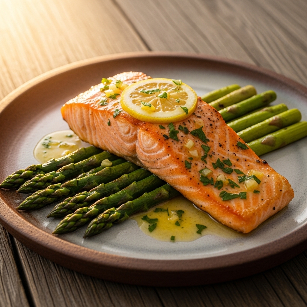 Sunlit Mediterranean Salmon with Asparagus and Lemon-Herb Sauce