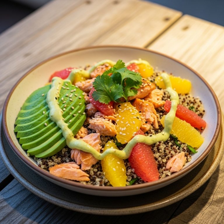 Energizing Salmon & Quinoa Bowl with Citrus Avocado Dressing