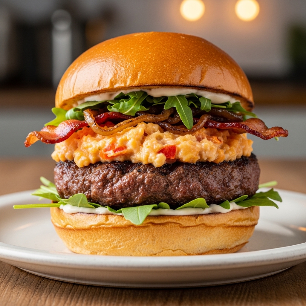 Tailgate Game Day BBQ Burger with Smoky Pimiento Cheese