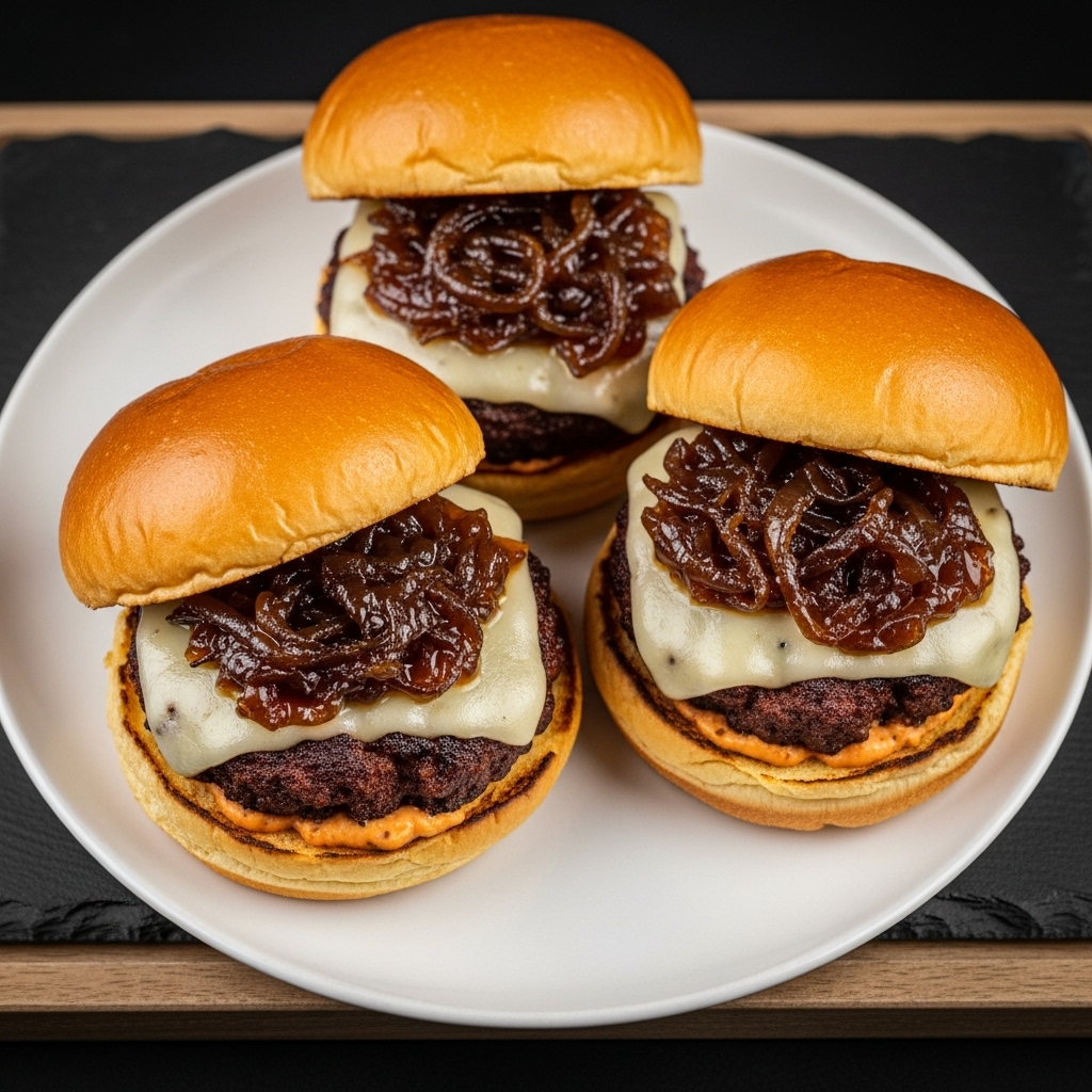Tailgate Game Day Lunch – Juicy Smoky Chipotle Cheeseburger Sliders with Caramelized Onion Relish