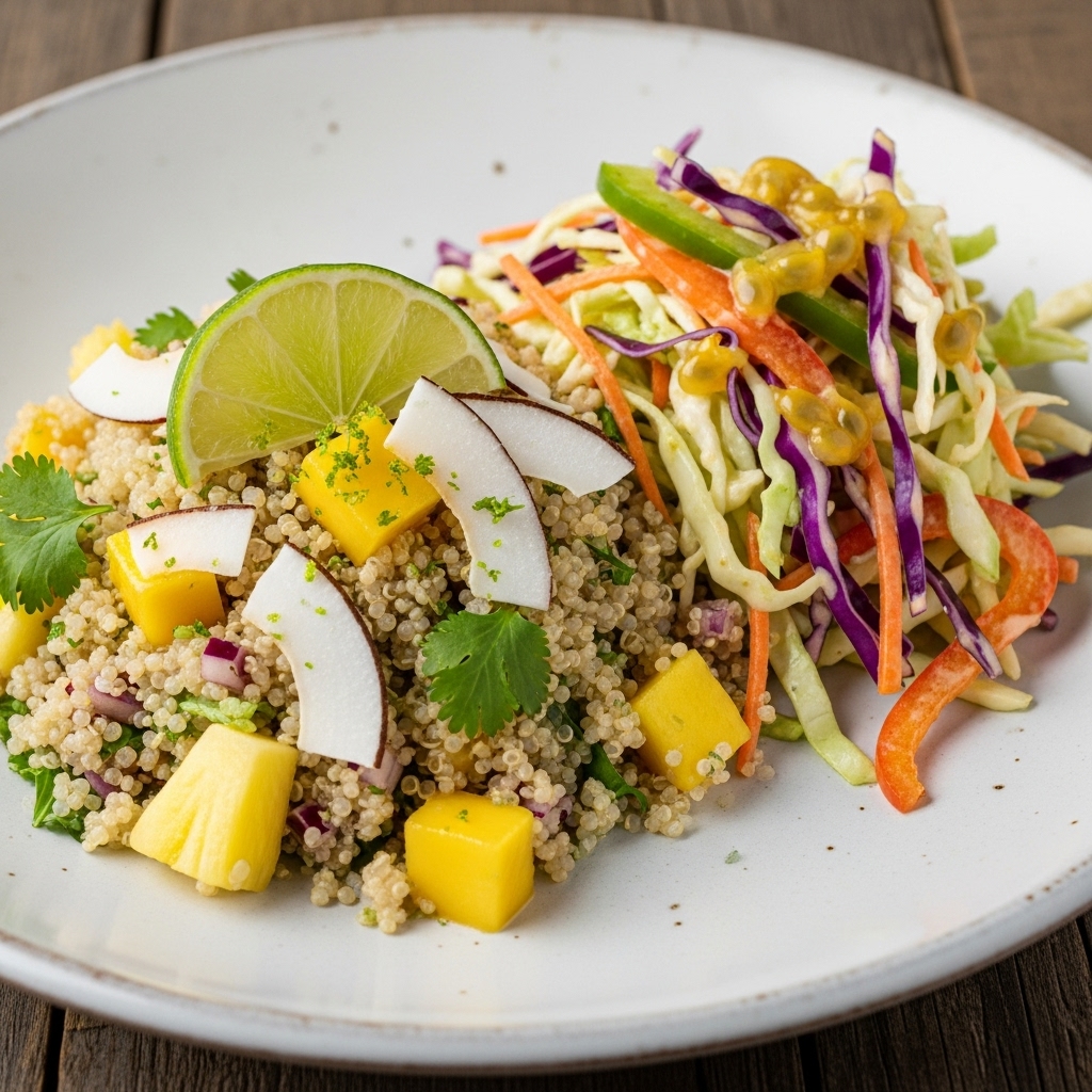 “Tantalizing Vegan Hawaiian Lunch: Coconut-Lime Quinoa Salad & Island Slaw”