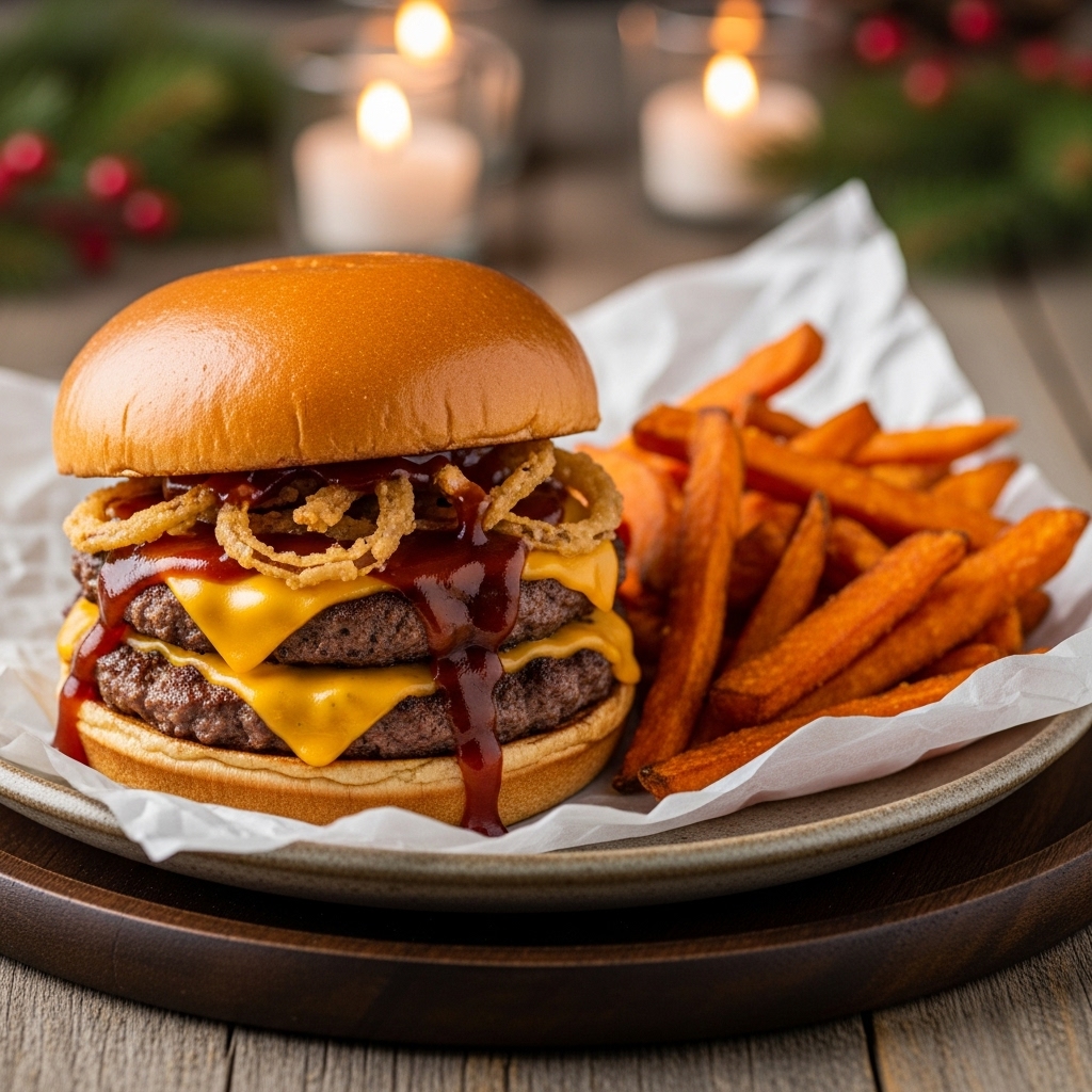 Tennessee Whiskey BBQ Smashburger and Sweet Potato Fries