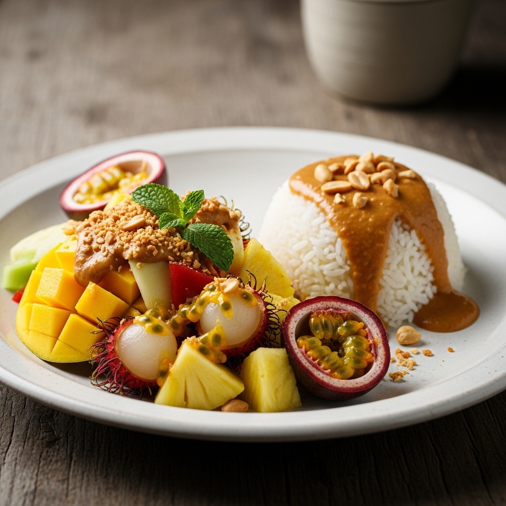 Thai Breakfast Delight: Tropical Fruit Salad with Peanut Dressing and Steamed Jasmine Rice