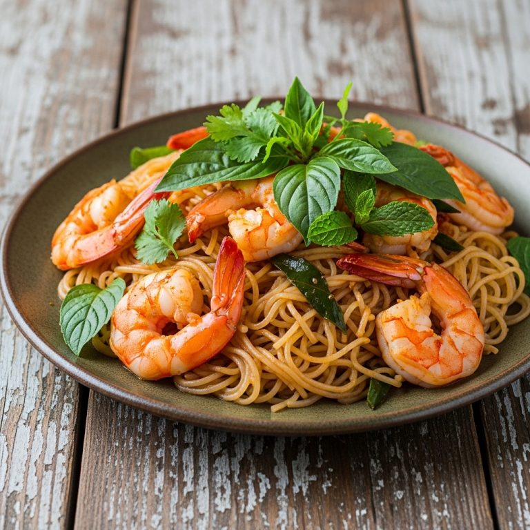 Thai Breakfast: Gluten-Free Egg Noodle Stir Fry with Spicy Shrimp & Fresh Herbs