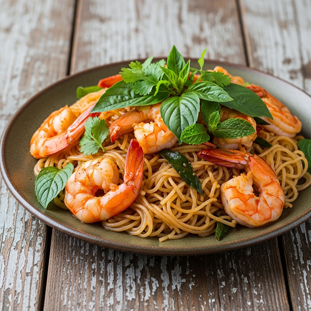 Thai Breakfast: Gluten-Free Egg Noodle Stir Fry with Spicy Shrimp & Fresh Herbs