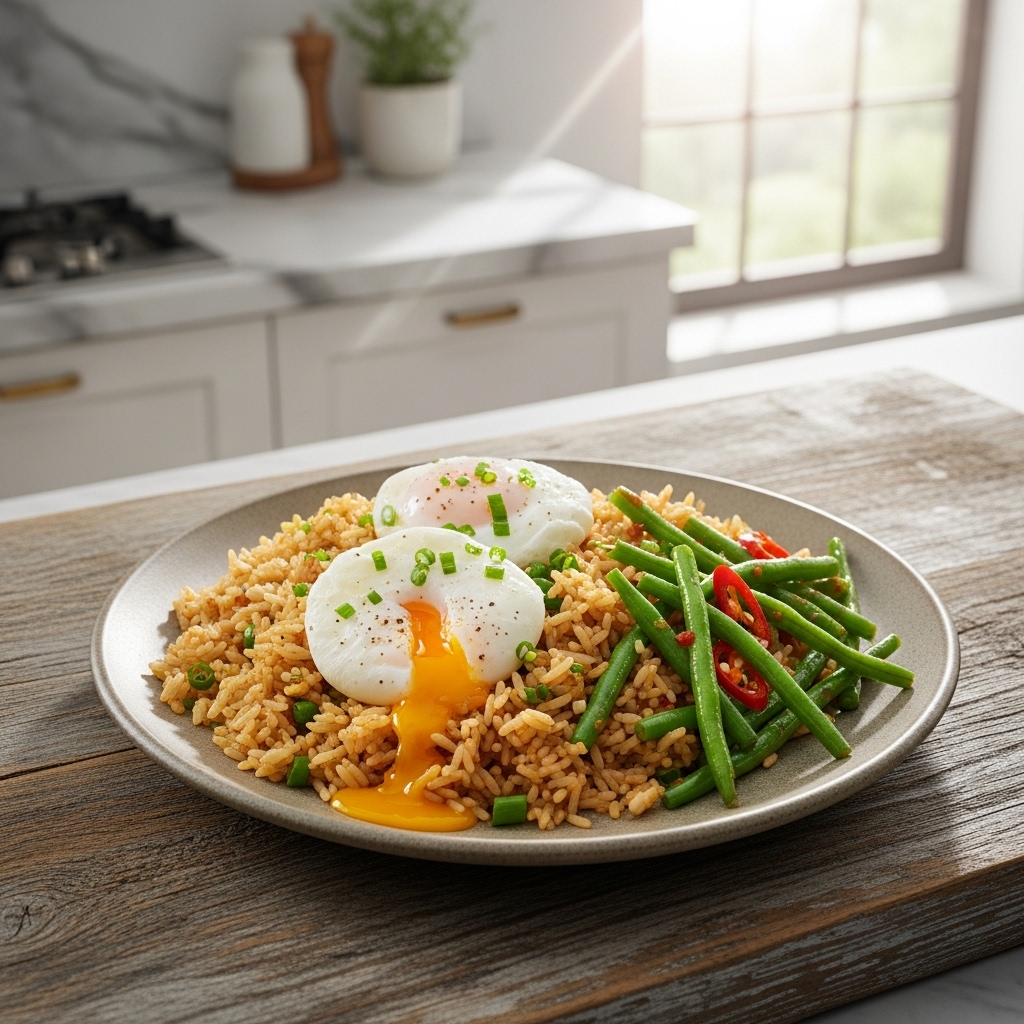 Thai Breakfast Paradise: Fluffy Jasmine Fried Rice with Coconut-Poached Eggs & Spicy Green Beans