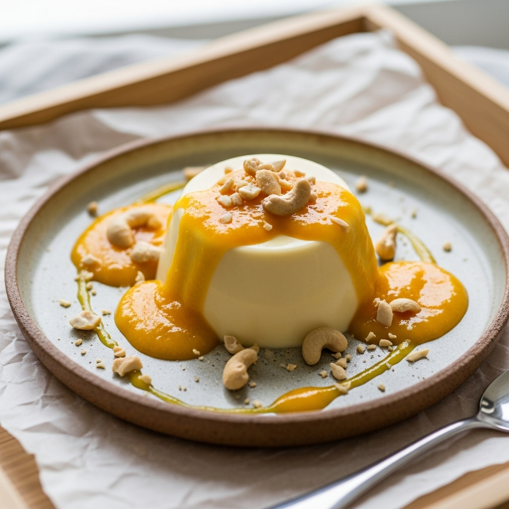 Thai Coconut Lime Panna Cotta with Mango-Cashew Coulis