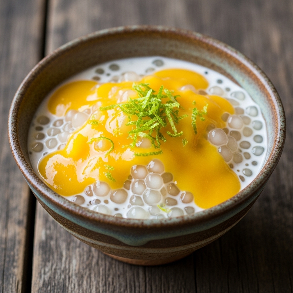 Thai Coconut Tapioca Pudding with Mango Coulis and Lime Zest
