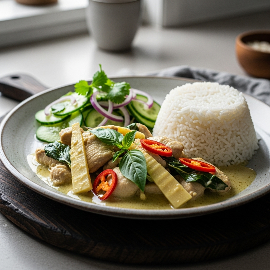 Thai Green Curry Chicken with Jasmine Rice & Cucumber Salad (Gluten-Free)