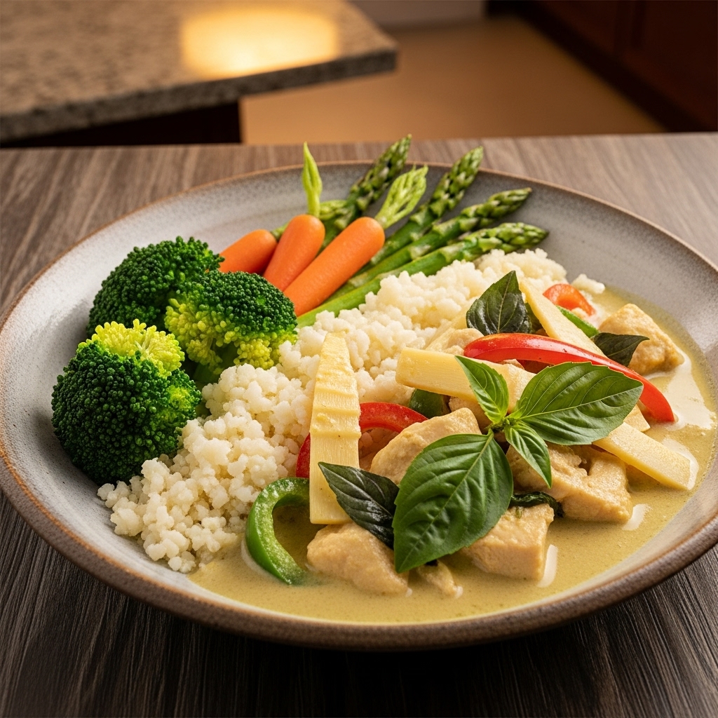 Thai Green Curry with Cauliflower Rice and Steamed Vegetables