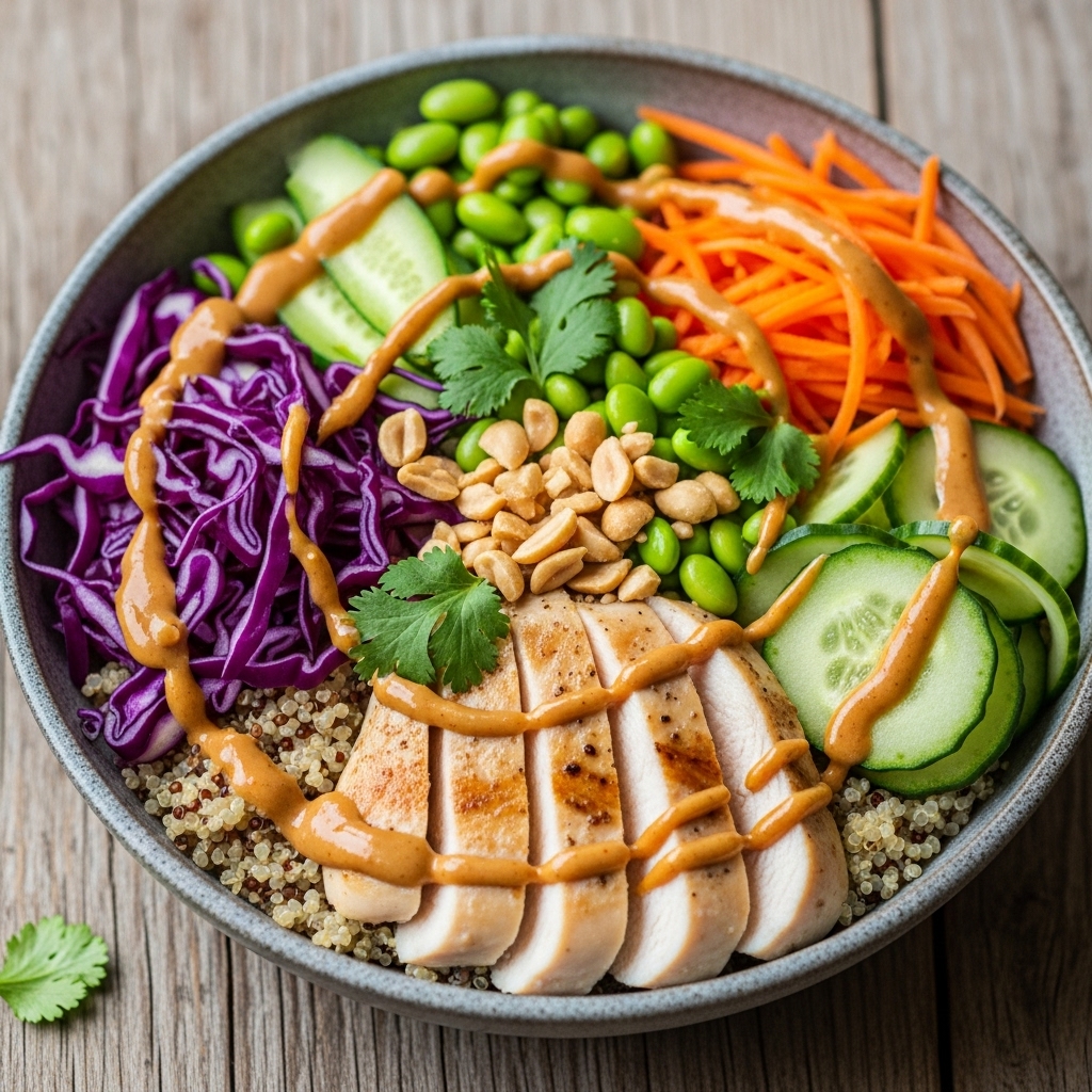 Thai Protein Power Bowl with Spicy Peanut Dressing