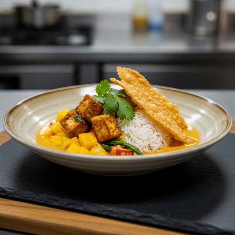 Thai Vegetarian Delight: Spicy Mango Coconut Curry with Crispy Tofu & Cilantro-Lime Rice Bowl