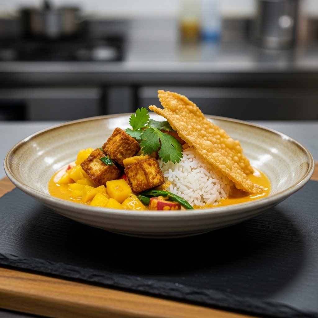 Thai Vegetarian Delight: Spicy Mango Coconut Curry with Crispy Tofu & Cilantro-Lime Rice Bowl