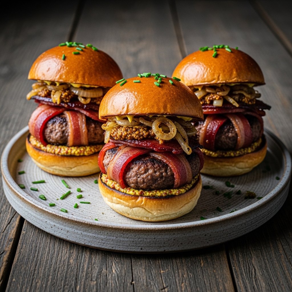 Triple-Decker Bacon Weave Bratwurst Sliders with Caramelized Onions and Spicy Mustard