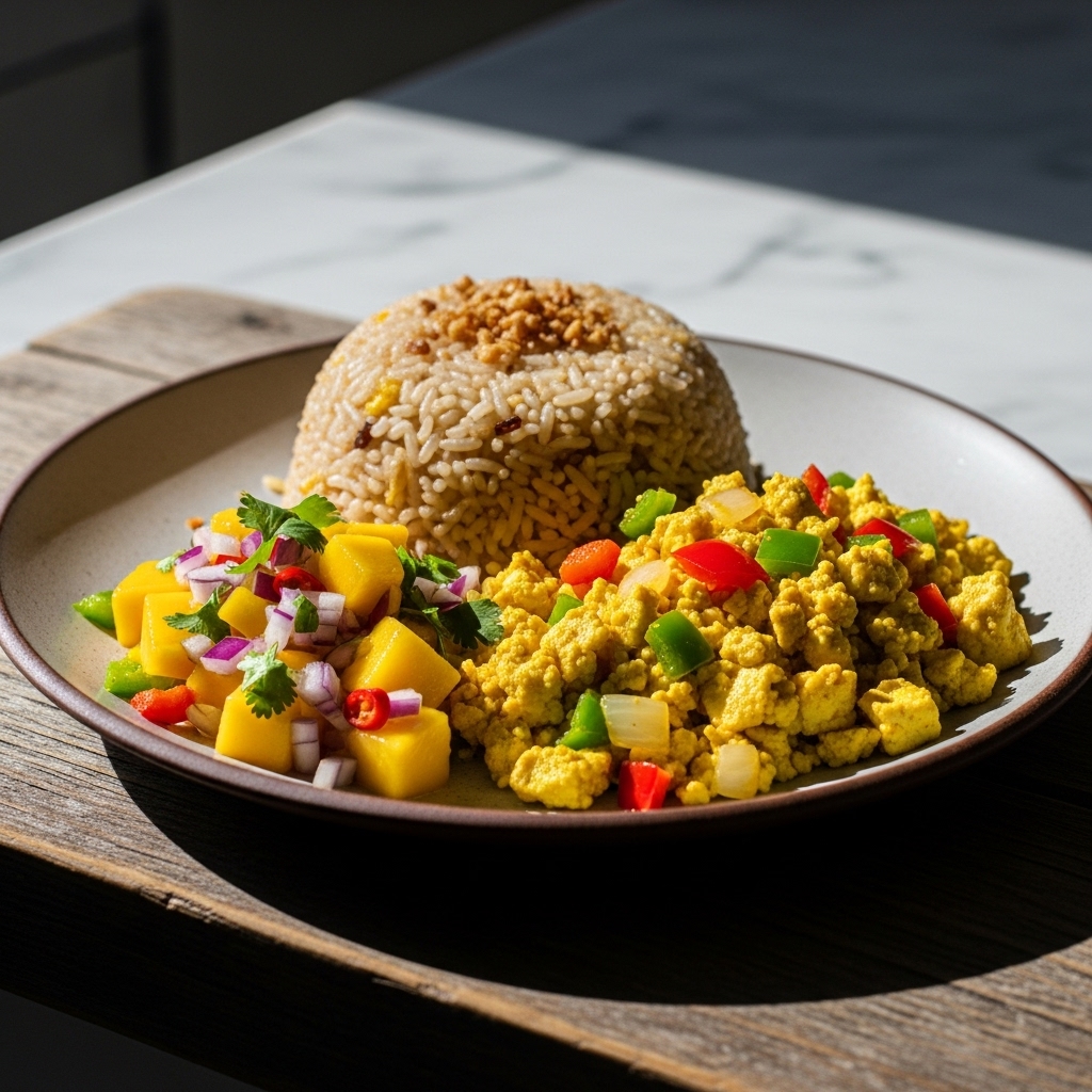 “Tropical Filipino Breakfast: Gluten-Free Sinangag, Tofu Scramble & Mango Salsa”