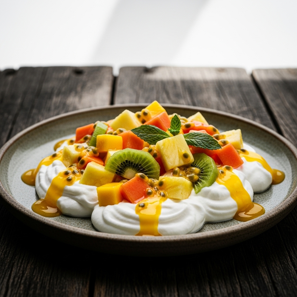 “Tropical Fruit Salad in Coconut Cream Clouds with a Mango Drizzle”