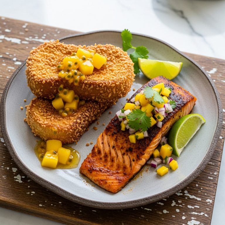 Tropical Gluten-Free Caribbean Brunch with Coconut Crusted French Toast & Jerk Salmon