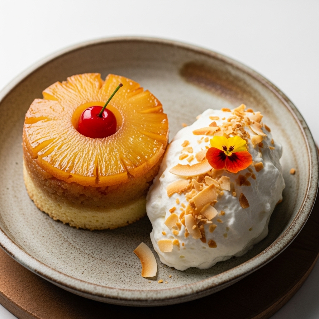 Tropical Hawaiian Luau Dessert Bowl: Pineapple Upside-Down Cake & Coconut Mousse