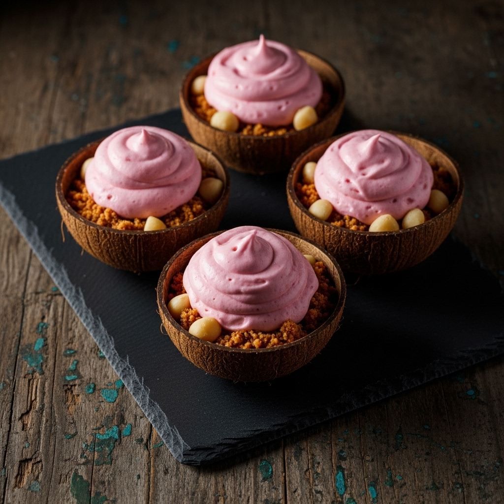 Tropical Hibiscus Mousse Coconut Pots with Macadamia Crust