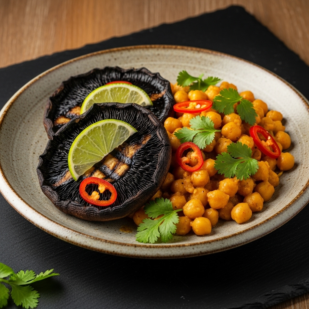 Tropical Island Vegetarian Dinner Featuring Coconut Curry Chickpeas & Lime-Grilled Portobello Mushrooms
