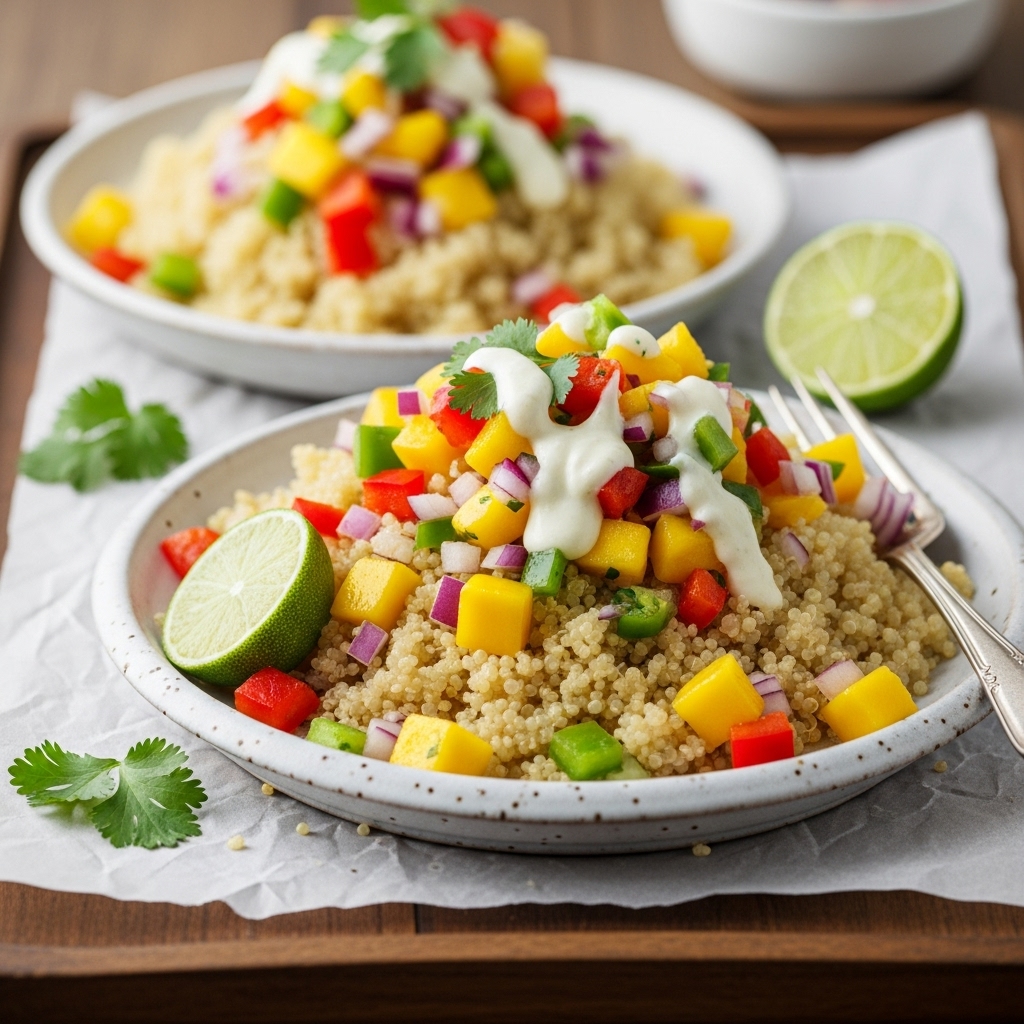 Tropical Polynesian Vegan Paradise: Mango Salsa Quinoa Bowls with Lime-Coconut Dressing (Gluten-Free, Nut-Free)