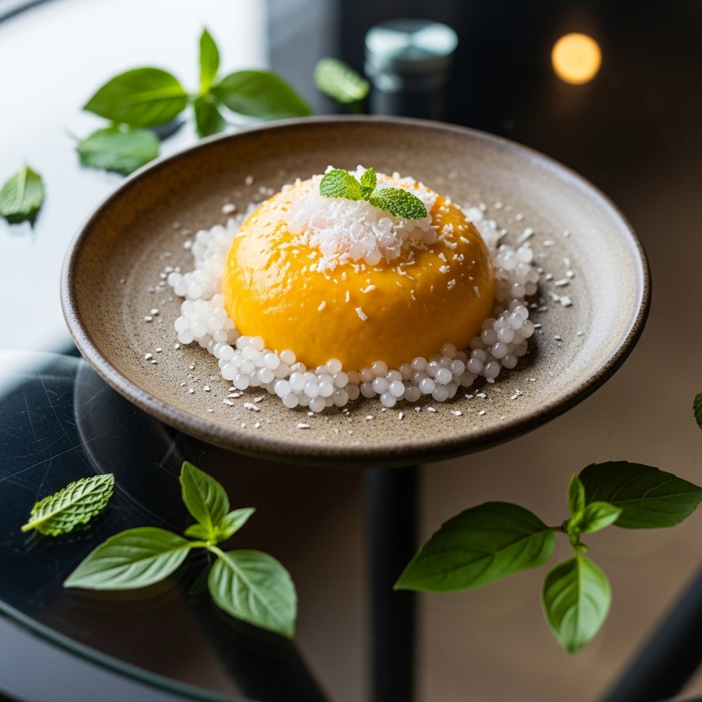 Tropical Thai Mango Mousse with Coconut Rice Pearls