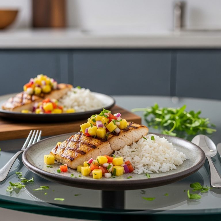 “Tropical Twilight Hawaiian Dinner: Grilled Mahi-Mahi with Pineapple Salsa and Coconut Rice”