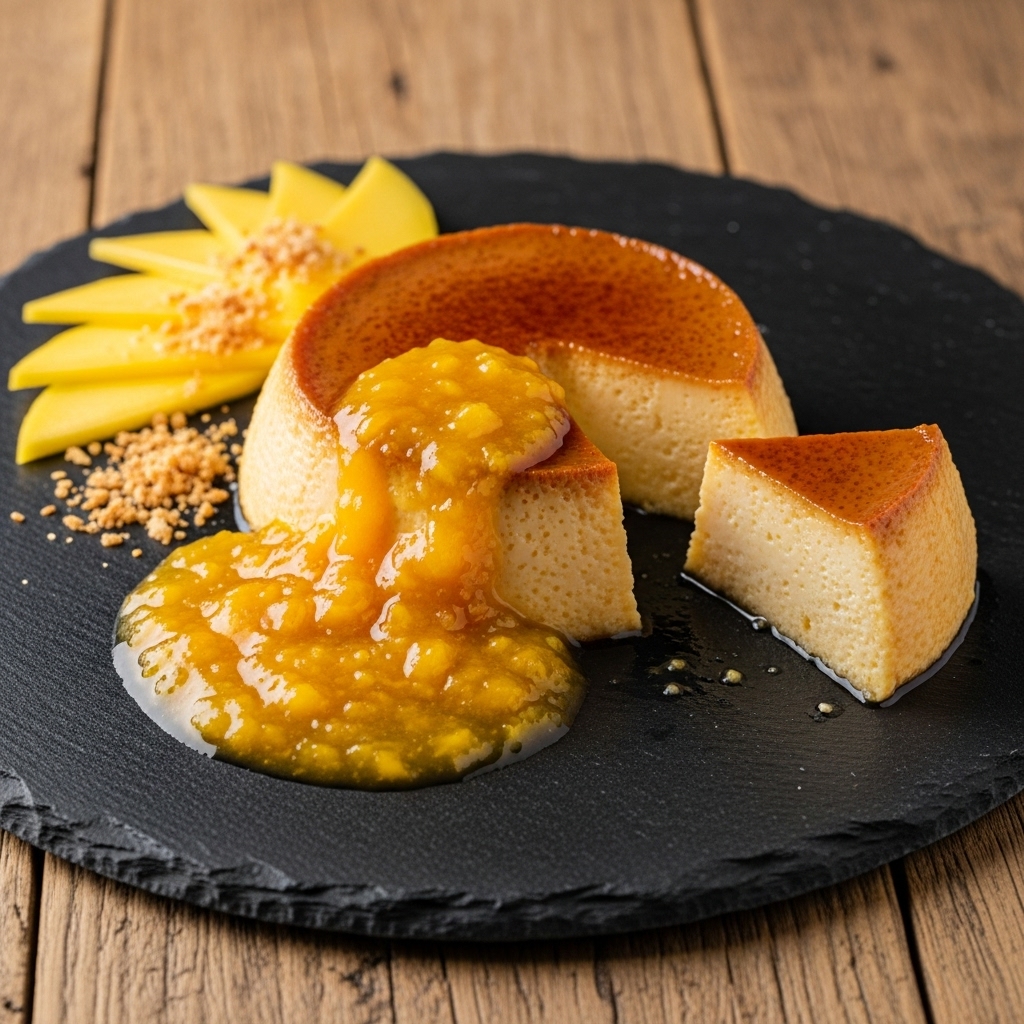 “Tropical Venezuelan Gluten-Free Coconut Flan with Mango Sauce”
