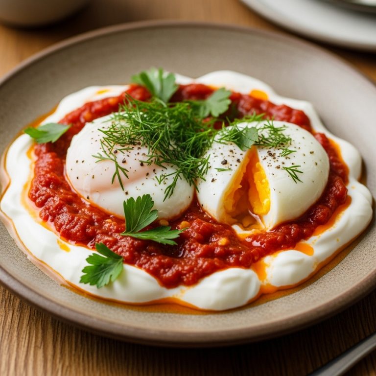 Turkish Brunch Delight: Mouthwatering Turkish Eggs with Spicy Tomato Sauce & Fresh Herbs
