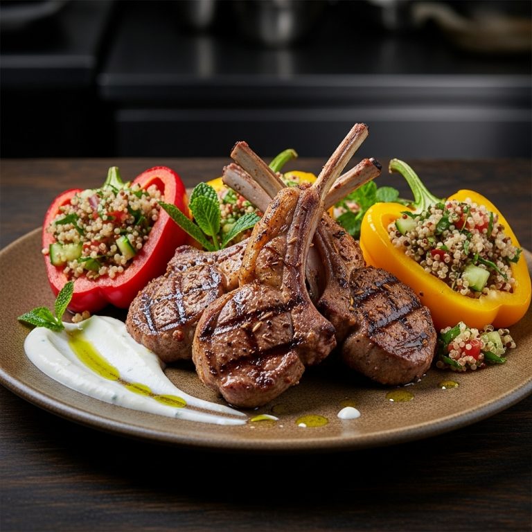 Turkish Paleo Dinner: Grilled Lamb Chops with Quinoa Stuffed Peppers & Creamy Garlic Sauce