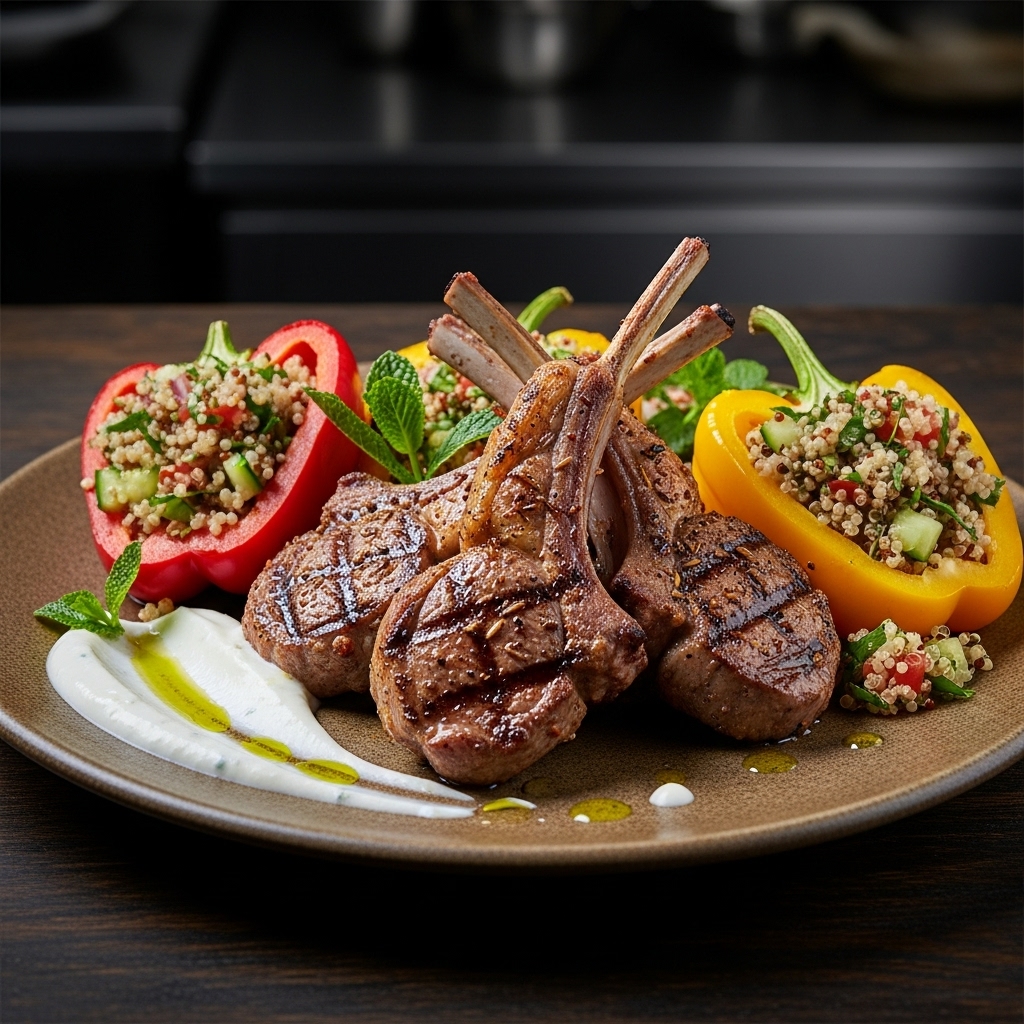 Turkish Paleo Dinner: Grilled Lamb Chops with Quinoa Stuffed Peppers & Creamy Garlic Sauce