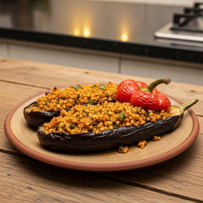 Turkish Vegetarian Lunch: Earthy Eggplant & Red Pepper Stuffed With Spiced Bulgur