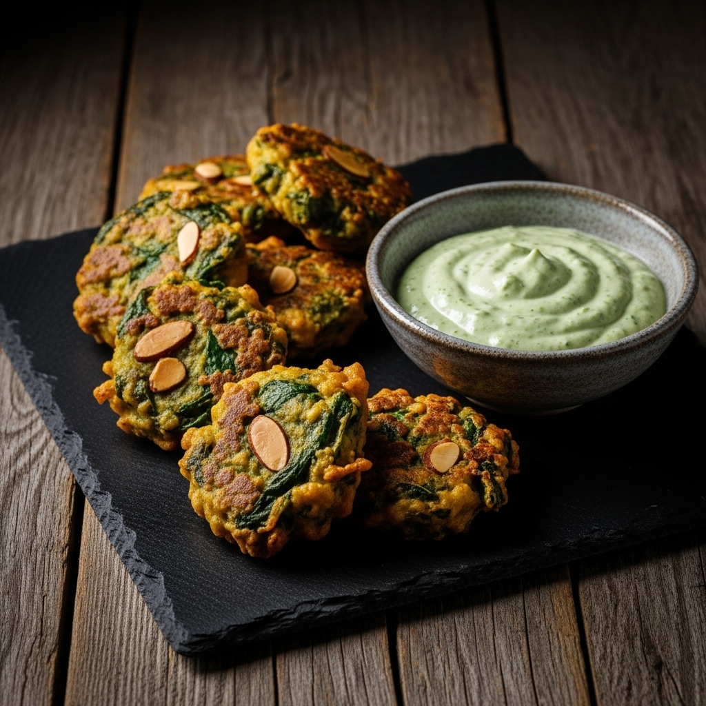 Vegan Almond and Spinach Pakoras with Creamy Mint Dipping Sauce
