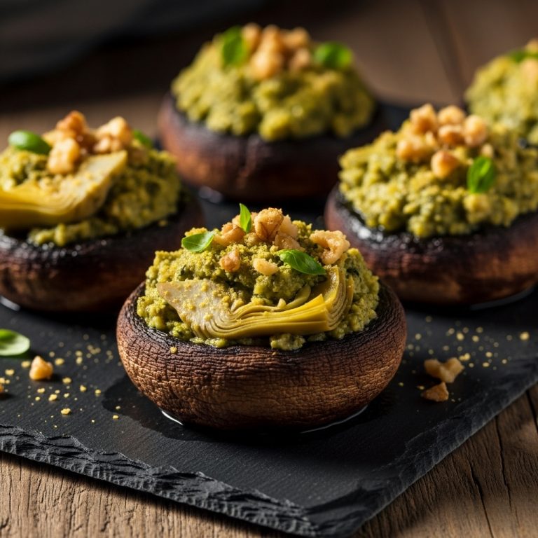 Vegan Artichoke and Walnut Pesto Stuffed Portobello Mushrooms