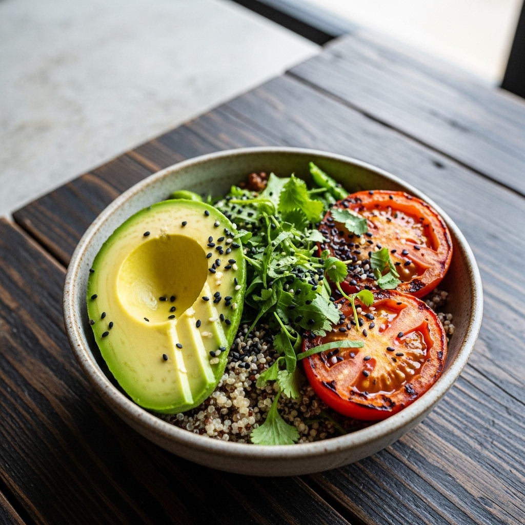 Vegan Australian Breakfast Bowl with Avocado, Quinoa, and Grilled Tomatoes