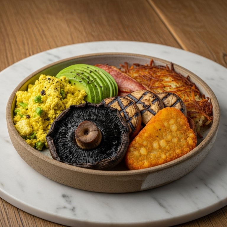 Vegan Australian Breakfast Feast: Avocado & Tofu Scramble with Grilled Portobello Mushrooms and Crispy Hash Browns