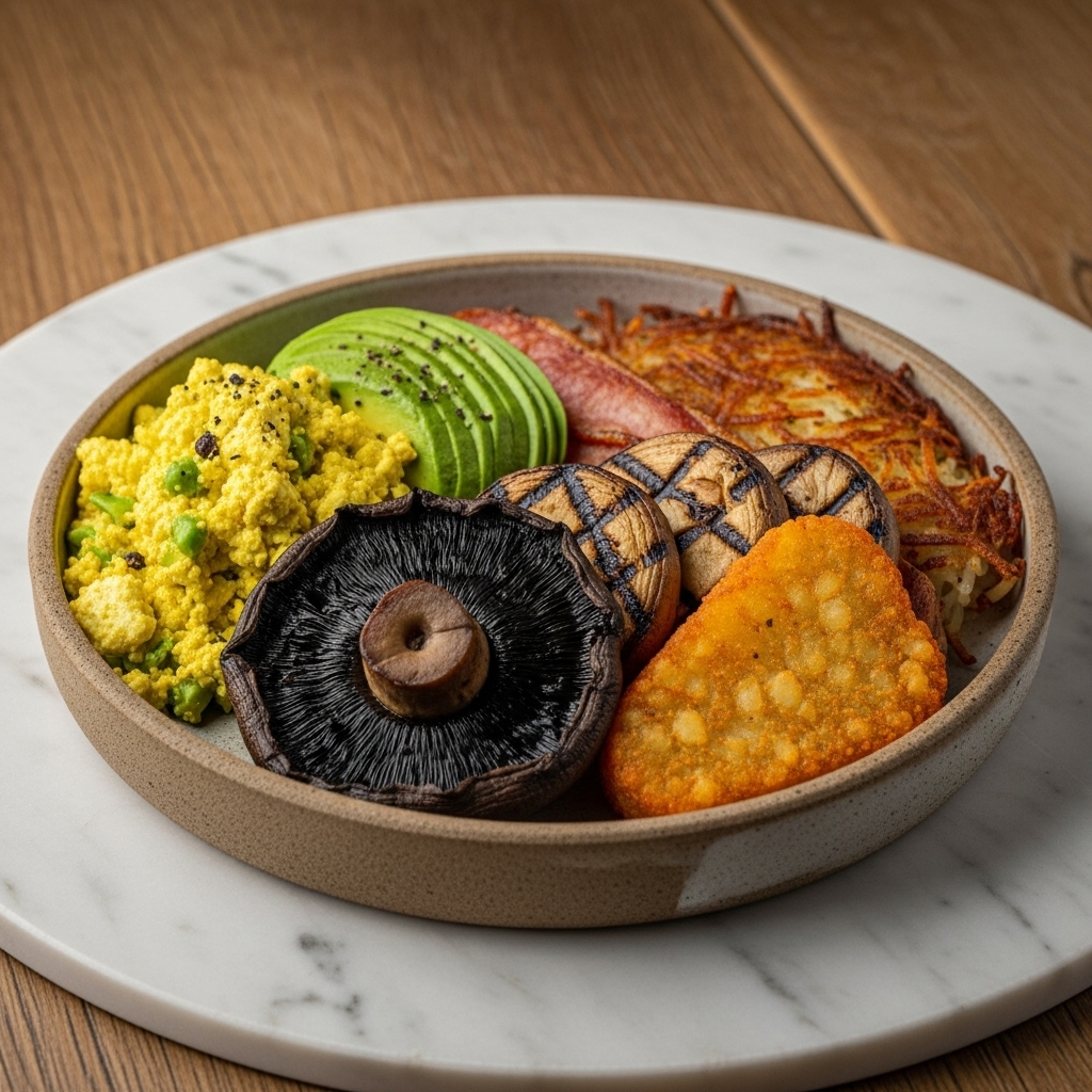 Vegan Australian Breakfast Feast: Avocado & Tofu Scramble with Grilled Portobello Mushrooms and Crispy Hash Browns