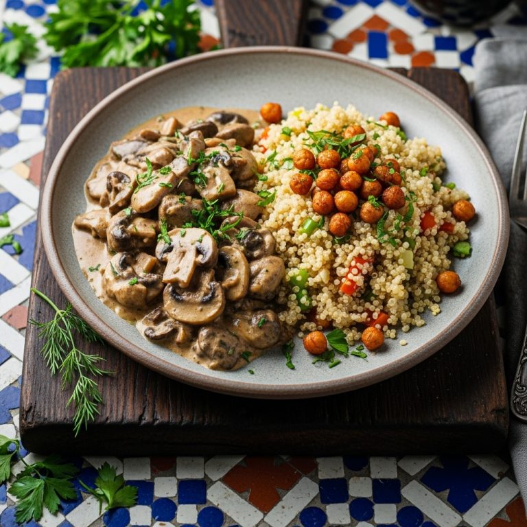 Vegan Australian Lunch: Mushroom Stroganoff with Crispy Chickpeas and Quinoa Pilaf